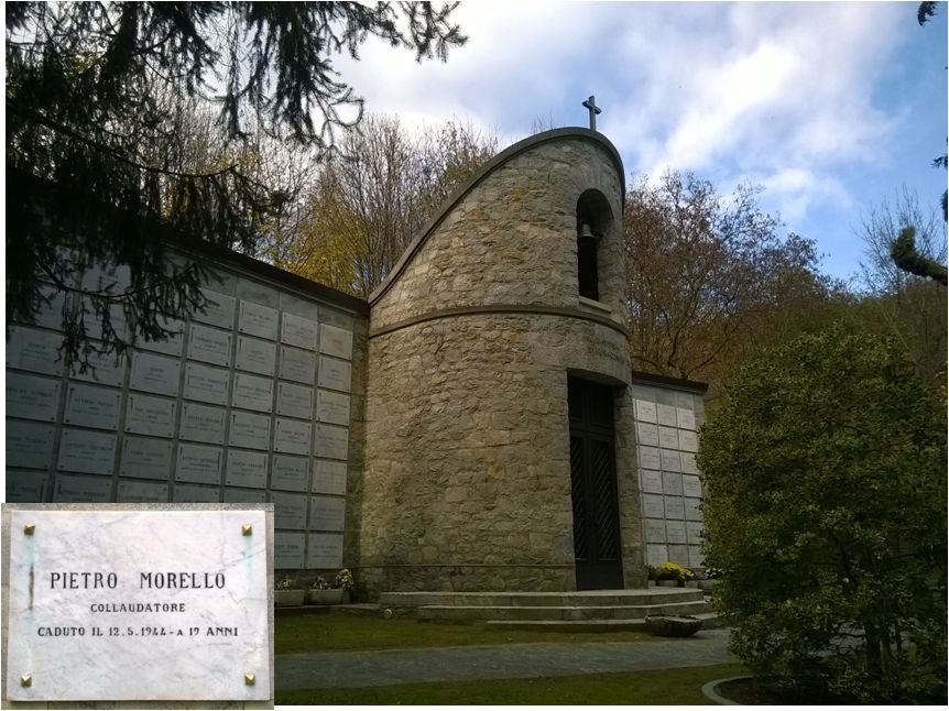L’Ossario partigiano a Forno di Coazze e la lapide che ricorda dove è sepolto il sanmaurese Pietro Morello disposta sulla parete destra guardando l’ingresso della cappella (foto 20161103 dell’Archivio privato Guglielmo Girardi)