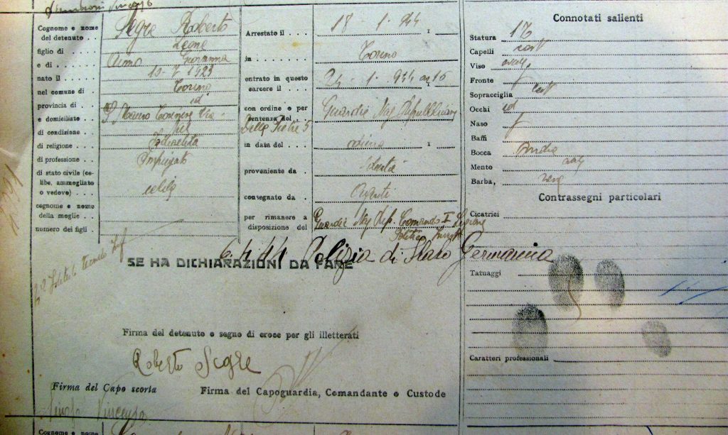 Scheda di Roberto Segre, Carceri &ldquo;Le Nuove&rdquo;, arrestato dalla Guardia Nazionale Repubblicana GNR