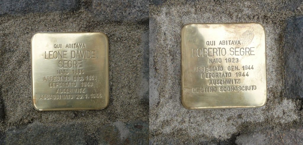 Pietre d'inciampo, a ricordo di Segre Leone Davide e Roberto, poste durante la cerimonia del 30.01.2021 sulle due scalinate di accesso al palazzo comunale di San Mauro.