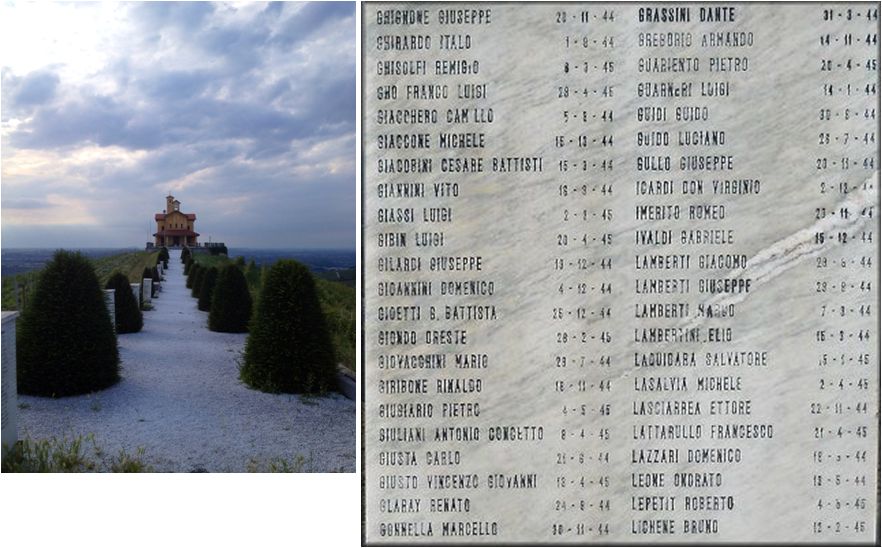 Vista della Cappella di San Bernardo del Sacrario dei partigiani a Bastia di Mondovì e ingrandimentodella lapide che ricorda Renato Glaray (Renato) nel Sacrario.
