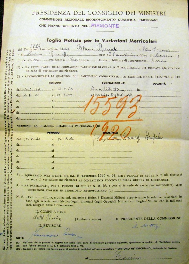 Foglio Notizie rilasciato dalla Commissione Regionale Riconoscimento QualificaPartigiani che hanno operato in Piemonte, in cui si legge il ruolo partigianoriconosciuto di (Capitano) Commmis. di Brigata.
